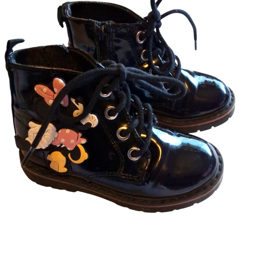 Zara DISNEY Black and Pink Combat Boots with Minnie Mouse Cartoon Patch